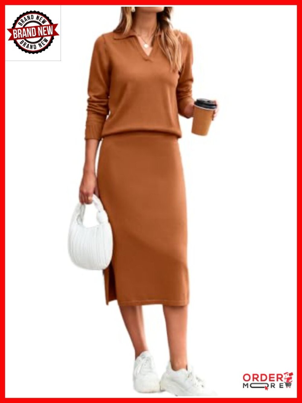 Striped Sweater 2 Piece Skirt Set Polo Neck Midi Fall Dress